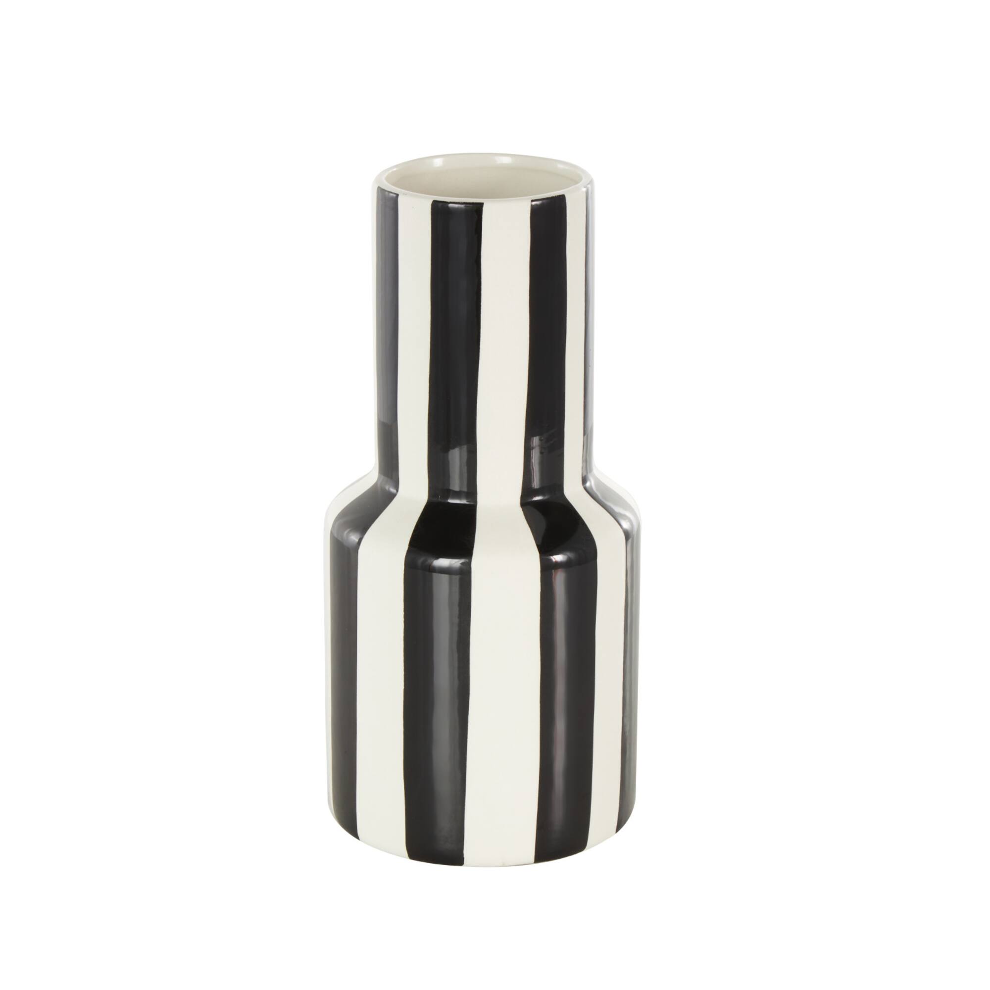 11" White & Black Stripes Round Wide Ceramic Vase